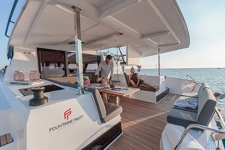 Deck of Anasa, a Fountaine Pajot Isla 40 catamaran at Lefkada, Greece