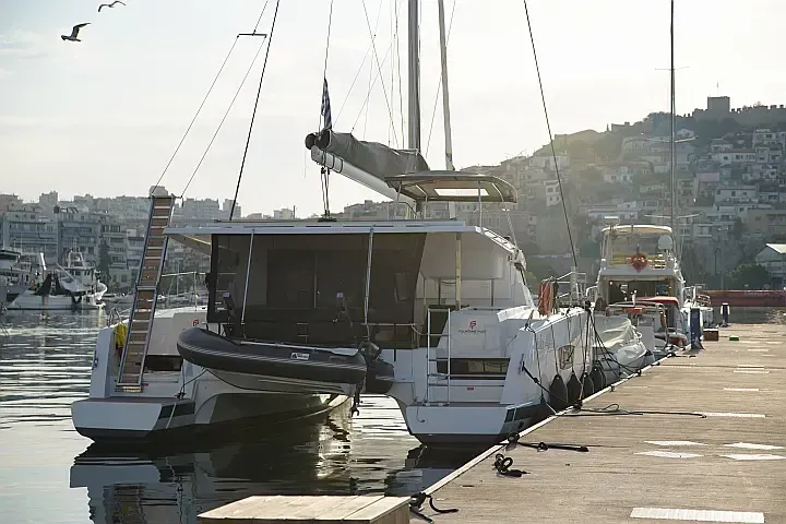 Exterior view of Anasa, a Fountaine Pajot Isla 40 catamaran at Lefkada, Greece