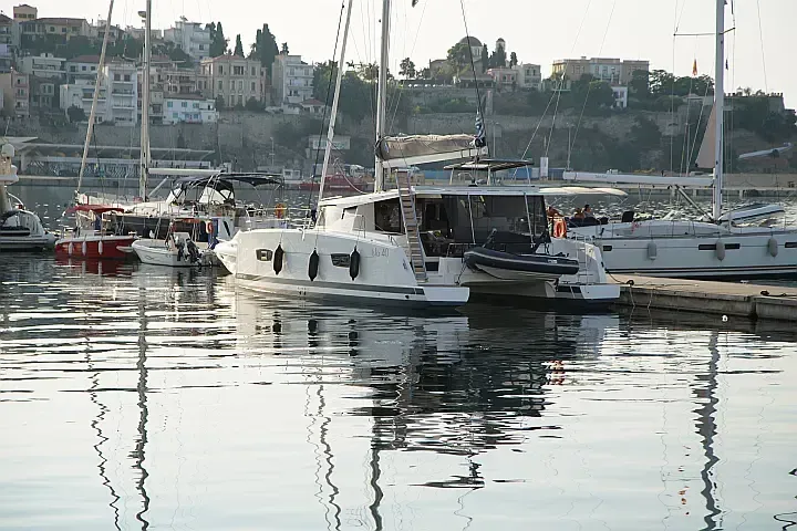 Exterior view of Anasa, a Fountaine Pajot Isla 40 catamaran at Lefkada, Greece