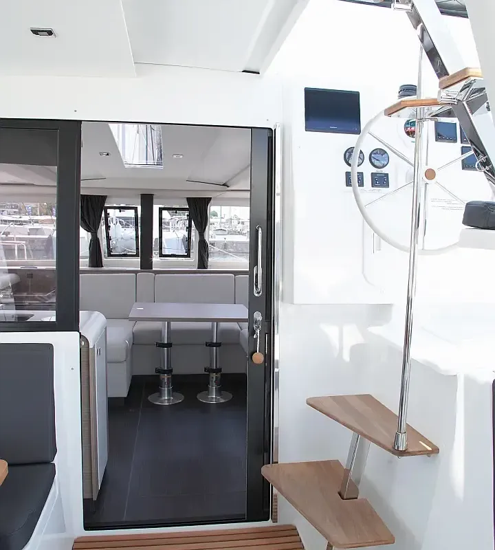Cockpit of Anasa, a Fountaine Pajot Isla 40 catamaran at Lefkada, Greece