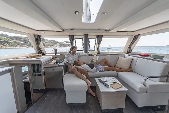 Salon of Anasa, a Fountaine Pajot Isla 40 catamaran at Lefkada, Greece