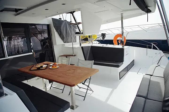 Deck of Anasa, a Fountaine Pajot Isla 40 catamaran at Lefkada, Greece