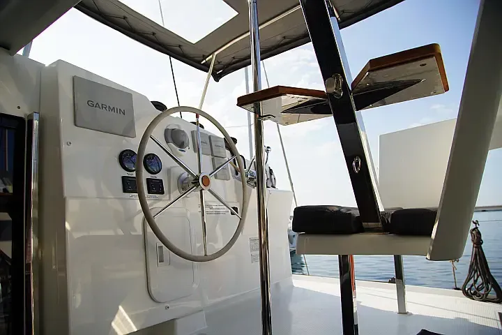 Cockpit of Anasa, a Fountaine Pajot Isla 40 catamaran at Lefkada, Greece