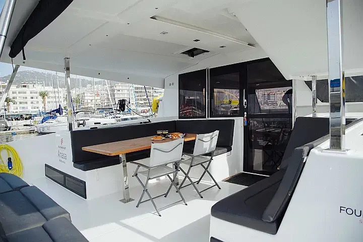 Deck of Anasa, a Fountaine Pajot Isla 40 catamaran at Lefkada, Greece