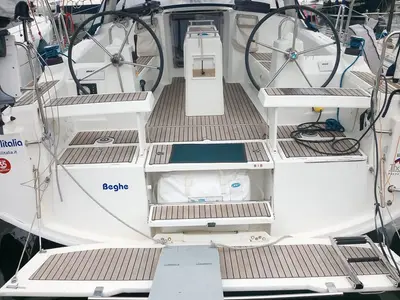Cockpit of Beghe, a Beneteau Oceanis 35.1 sailboat at Cannigione, Italy