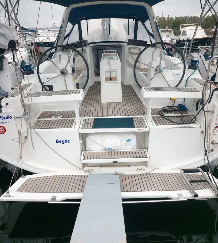 Cockpit of Beghe, a Beneteau Oceanis 35.1 sailboat at Cannigione, Italy