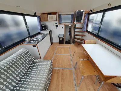 Salon of Sunshine, a De Drait Safari Houseboat 1050 motorboat at Drachten, Netherlands