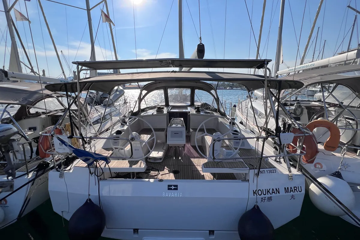 Exterior view of Koukan Maru, a Bavaria C42 sailboat at Loutraki, Greece