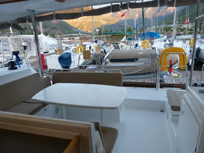 Deck of Winnie, a Lagoon 400 catamaran at Fethiye, Turkey