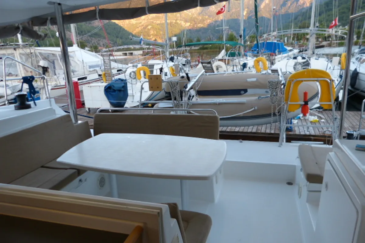 Deck of Winnie, a Lagoon 400 catamaran at Fethiye, Turkey