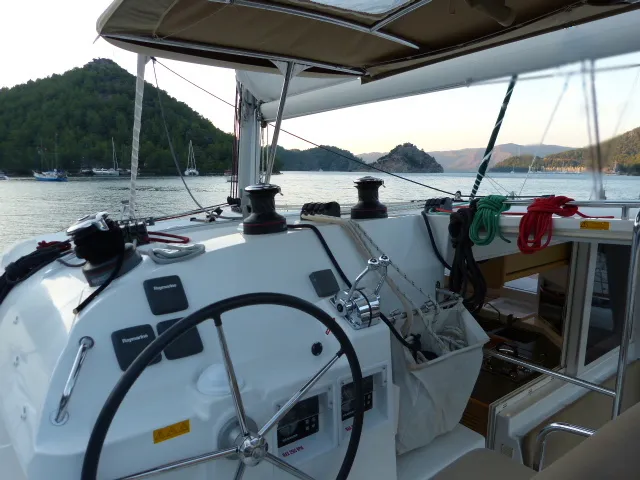 Cockpit of Winnie, a Lagoon 400 catamaran at Fethiye, Turkey