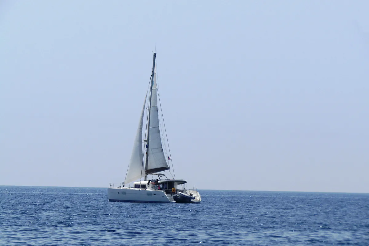 Exterior view of Winnie, a Lagoon 400 catamaran at Fethiye, Turkey
