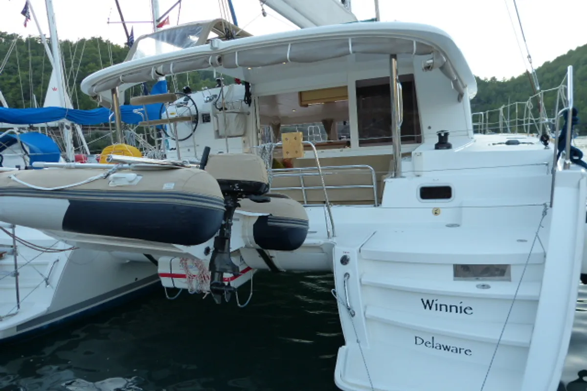 Exterior view of Winnie, a Lagoon 400 catamaran at Fethiye, Turkey
