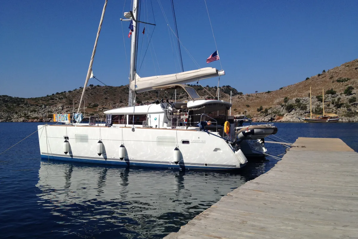 Exterior view of Winnie, a Lagoon 400 catamaran at Fethiye, Turkey