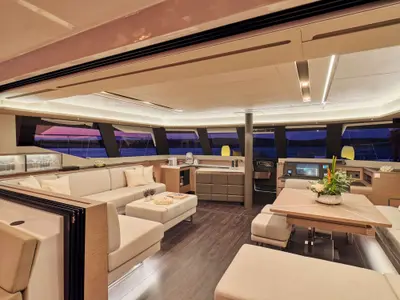 Salon of Elly, a Fountaine Pajot Power 67 catamaran at Τροκαντερό, Greece