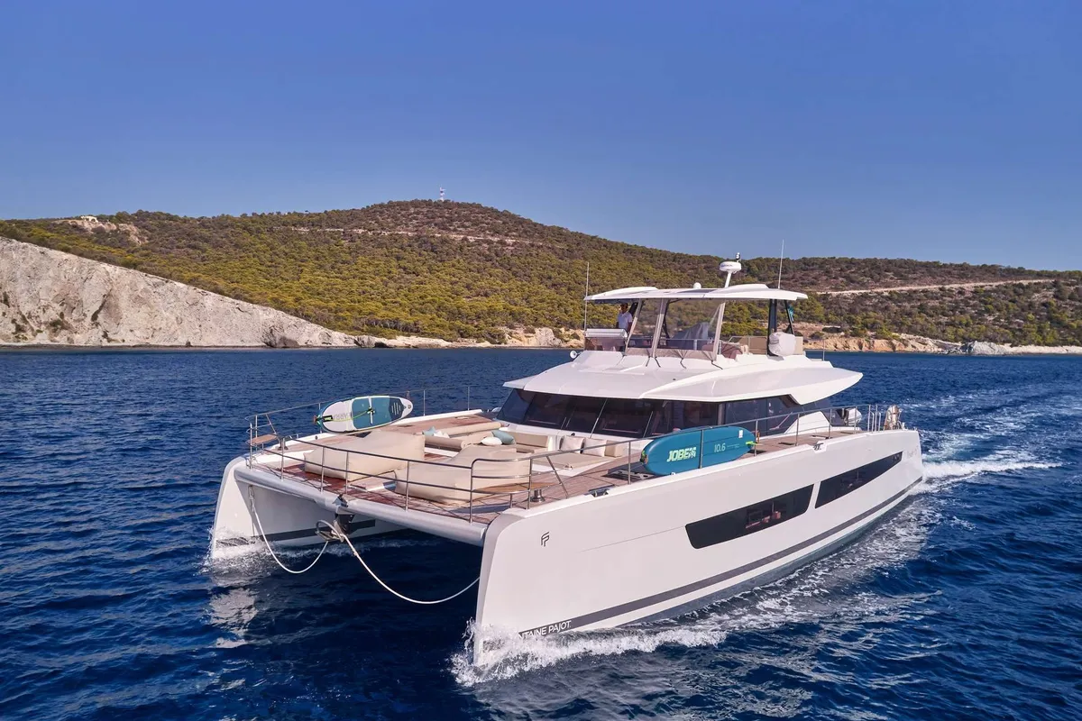 Elly, a Fountaine Pajot Power 67 catamaran at Τροκαντερό, Greece