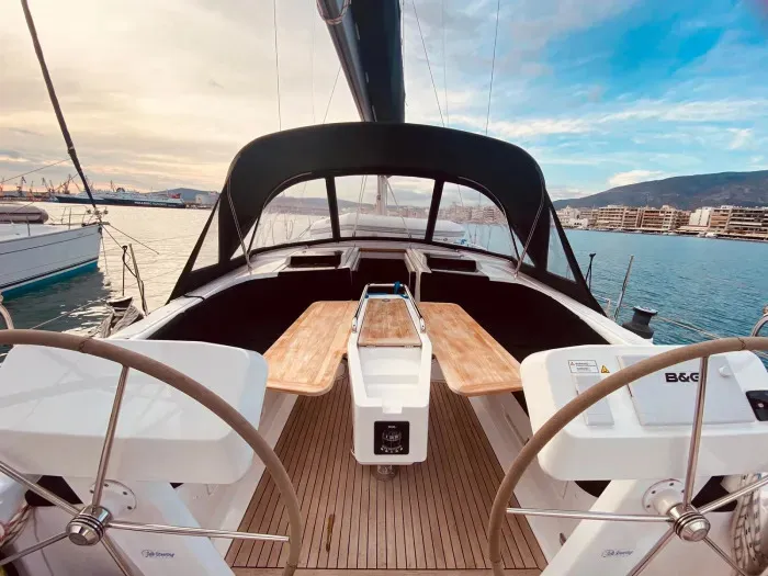 Cockpit of Rogira, a Hanse 458 sailboat at Volos, Greece