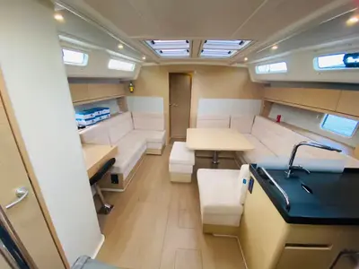 Salon of Rogira, a Hanse 458 sailboat at Volos, Greece