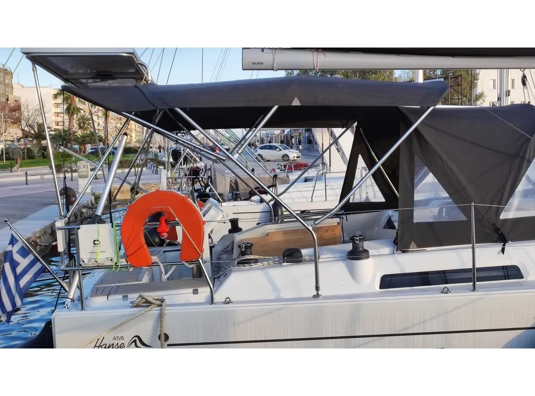 Exterior view of Rogira, a Hanse 458 sailboat at Volos, Greece