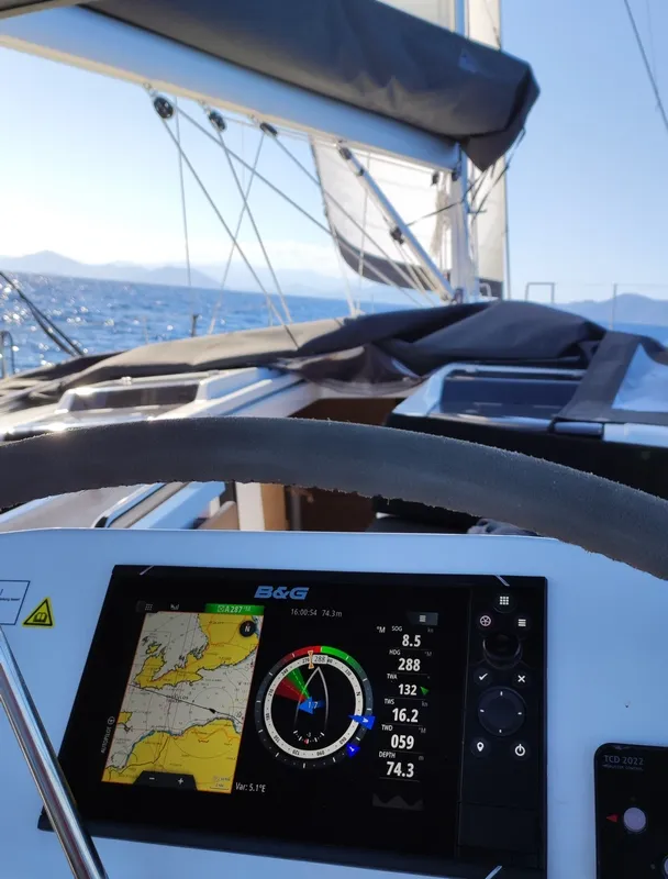 Cockpit of Rogira, a Hanse 458 sailboat at Volos, Greece