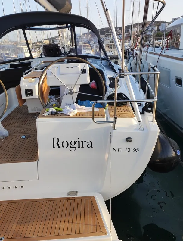 Exterior view of Rogira, a Hanse 458 sailboat at Volos, Greece