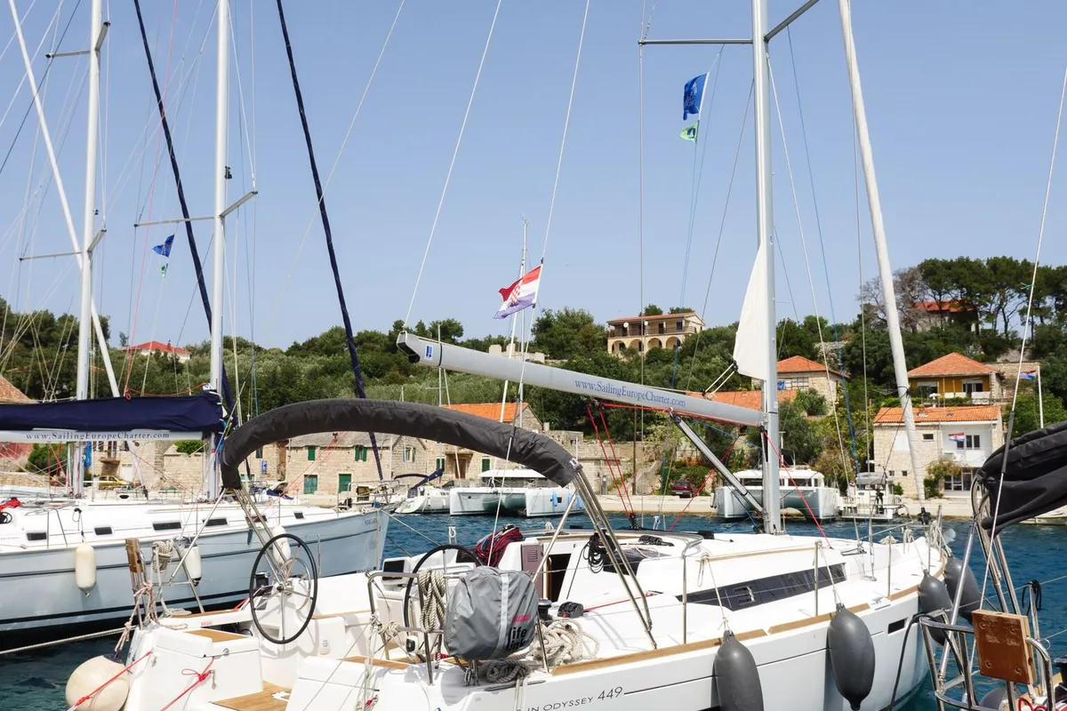 Exterior view of Odessa, a Jeanneau Sun Odyssey 449 sailboat at Rogač, Croatia