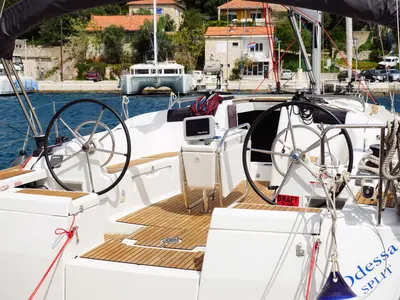 Cockpit of Odessa, a Jeanneau Sun Odyssey 449 sailboat at Rogač, Croatia