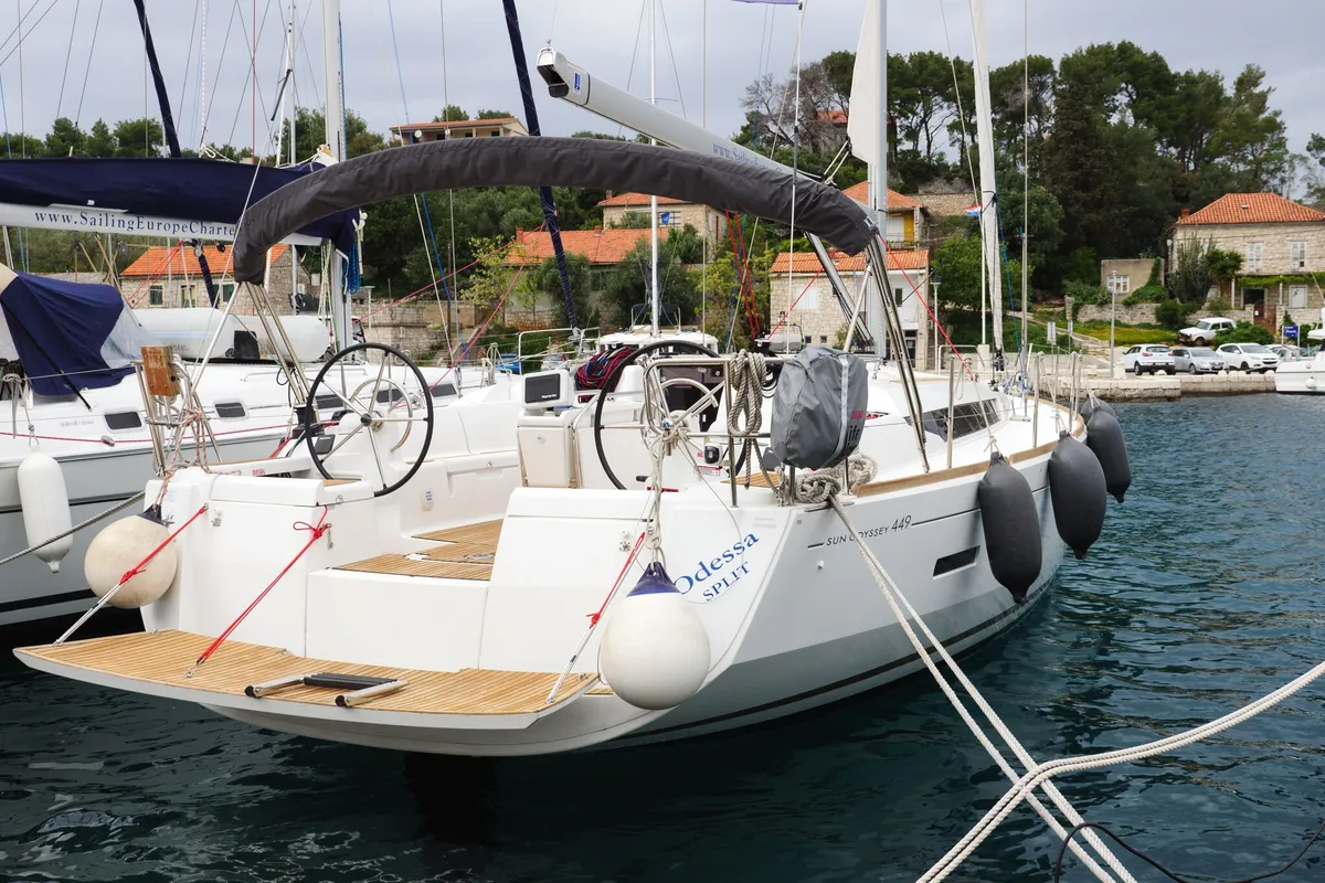 Exterior view of Odessa, a Jeanneau Sun Odyssey 449 sailboat at Rogač, Croatia