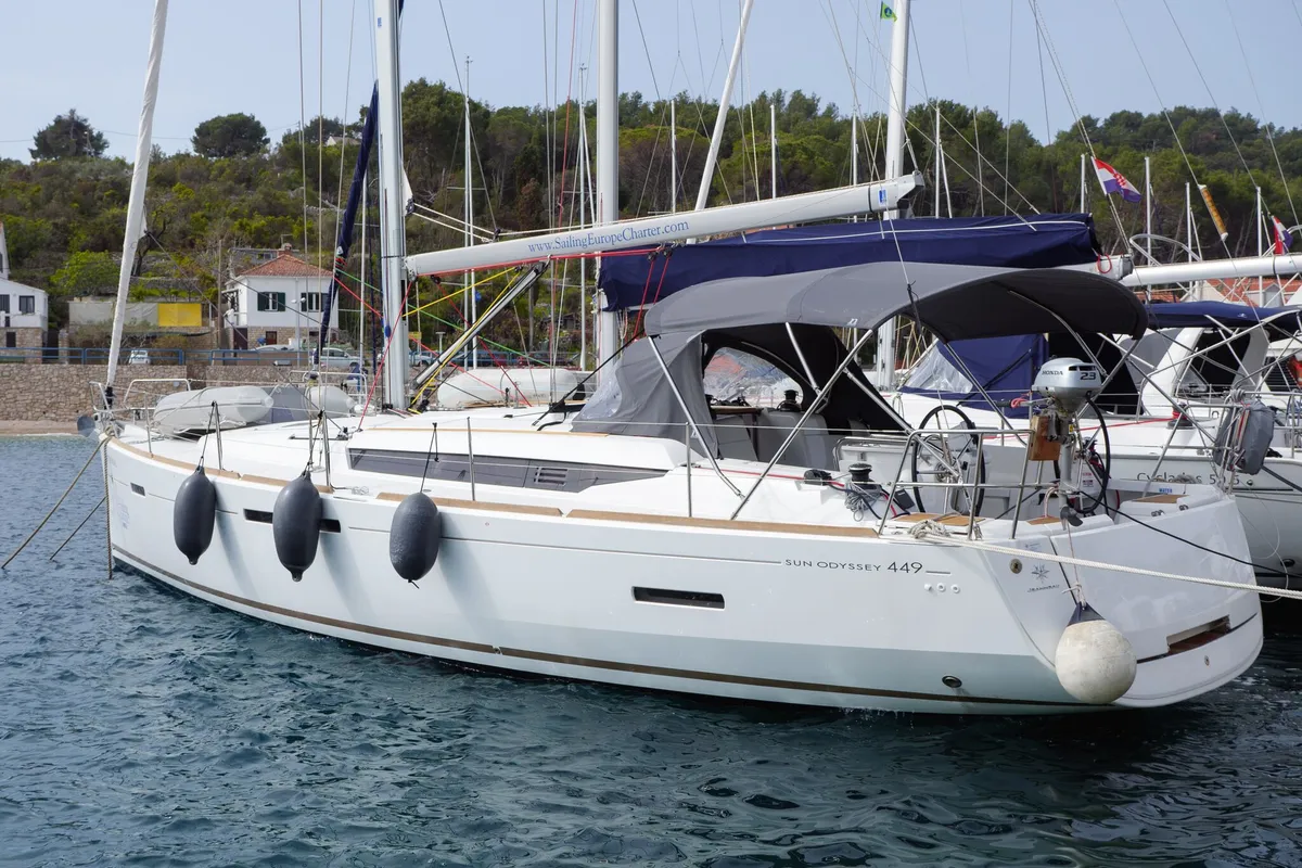 Exterior view of Odessa, a Jeanneau Sun Odyssey 449 sailboat at Rogač, Croatia