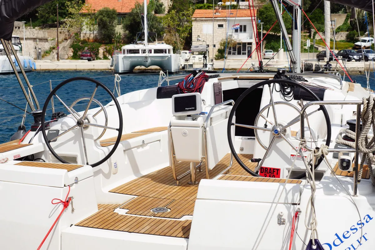 Cockpit of Odessa, a Jeanneau Sun Odyssey 449 sailboat at Rogač, Croatia