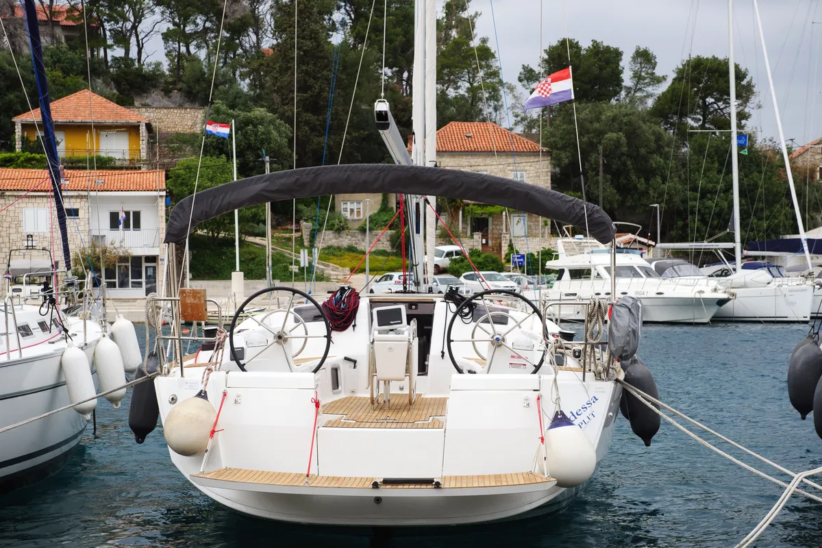 Cockpit of Odessa, a Jeanneau Sun Odyssey 449 sailboat at Rogač, Croatia