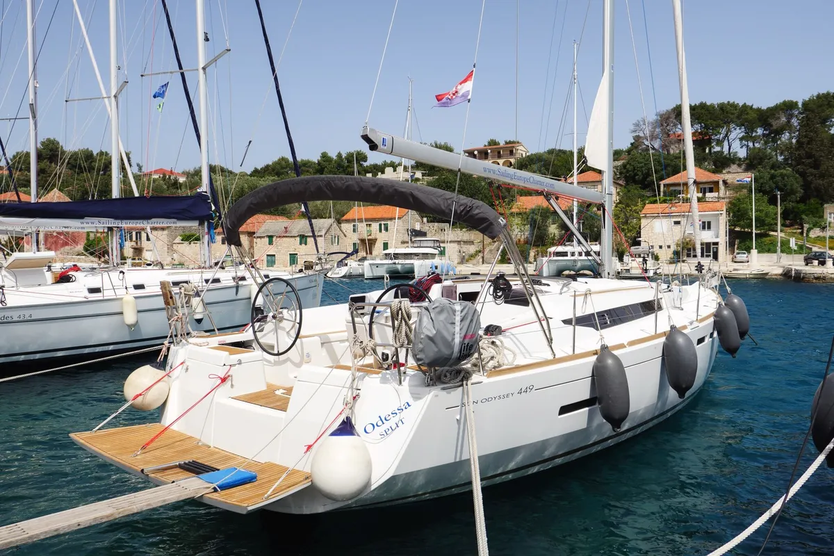 Exterior view of Odessa, a Jeanneau Sun Odyssey 449 sailboat at Rogač, Croatia