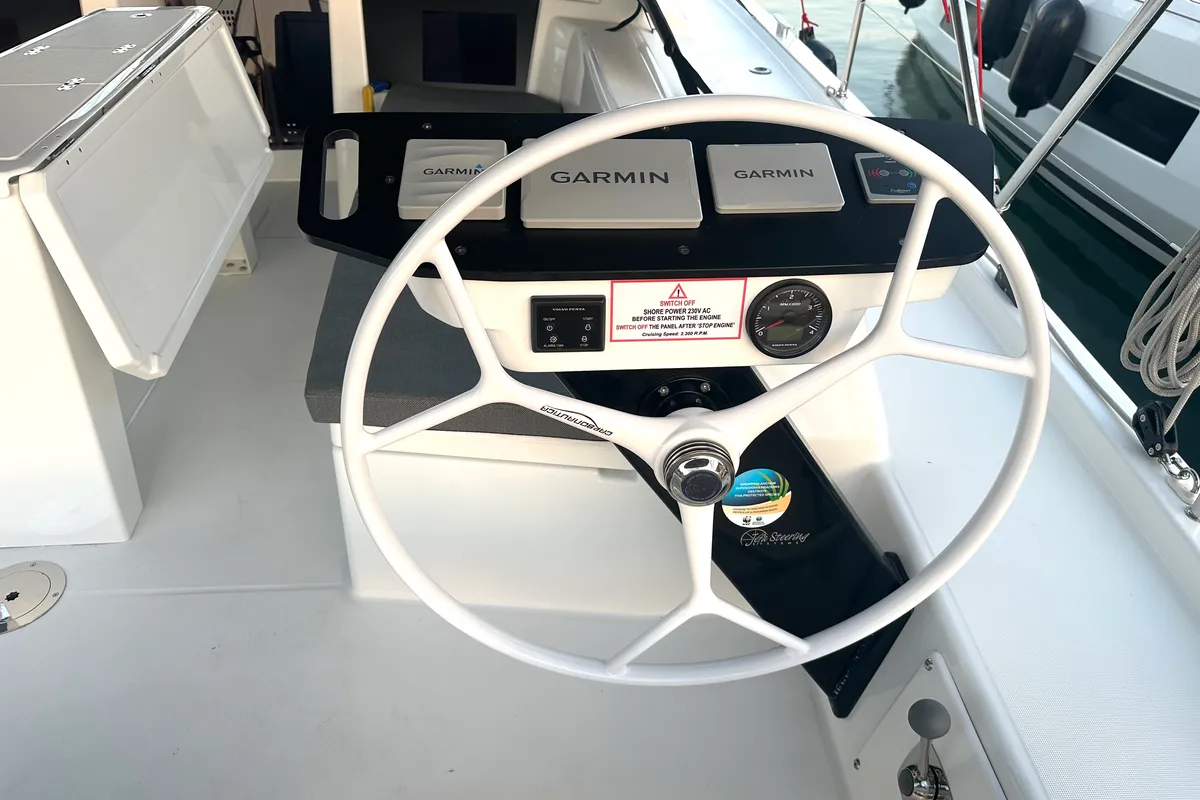 Cockpit of Ismini, a Dufour 41 sailboat at Kos, Greece