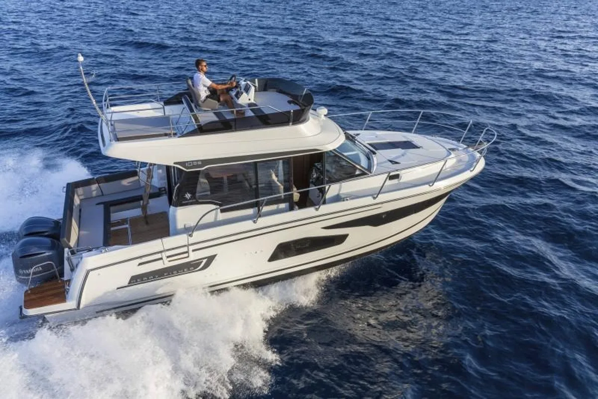 Exterior view of MF 1095, a Jeanneau Merry Fisher 1095 FLY motorboat at Punat, Croatia