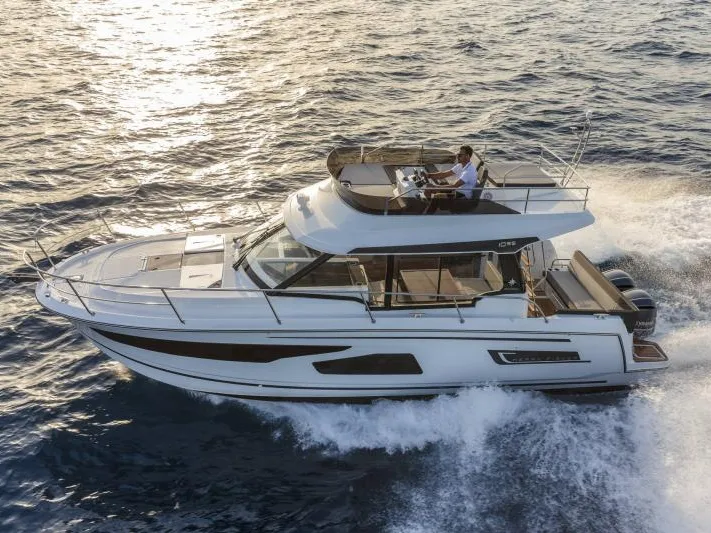 Exterior view of MF 1095, a Jeanneau Merry Fisher 1095 FLY motorboat at Punat, Croatia