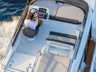 Cockpit of MF 1095, a Jeanneau Merry Fisher 1095 FLY motorboat at Punat, Croatia