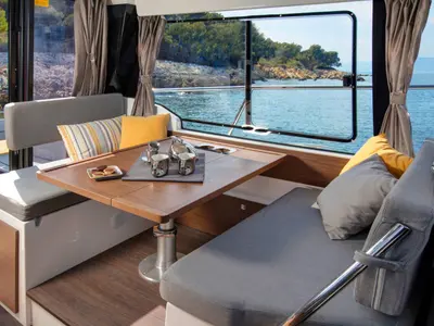 Salon of MF 1095, a Jeanneau Merry Fisher 1095 FLY motorboat at Punat, Croatia