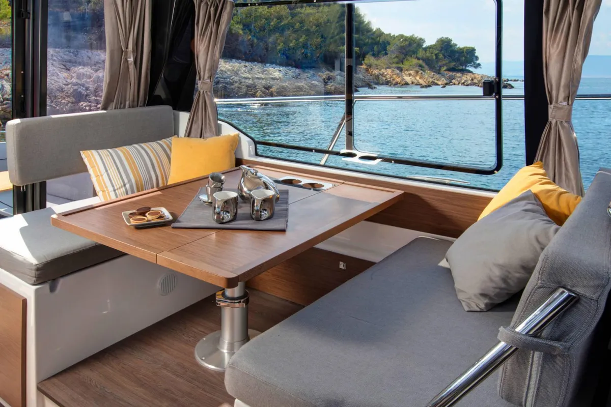Salon of MF 1095, a Jeanneau Merry Fisher 1095 FLY motorboat at Punat, Croatia