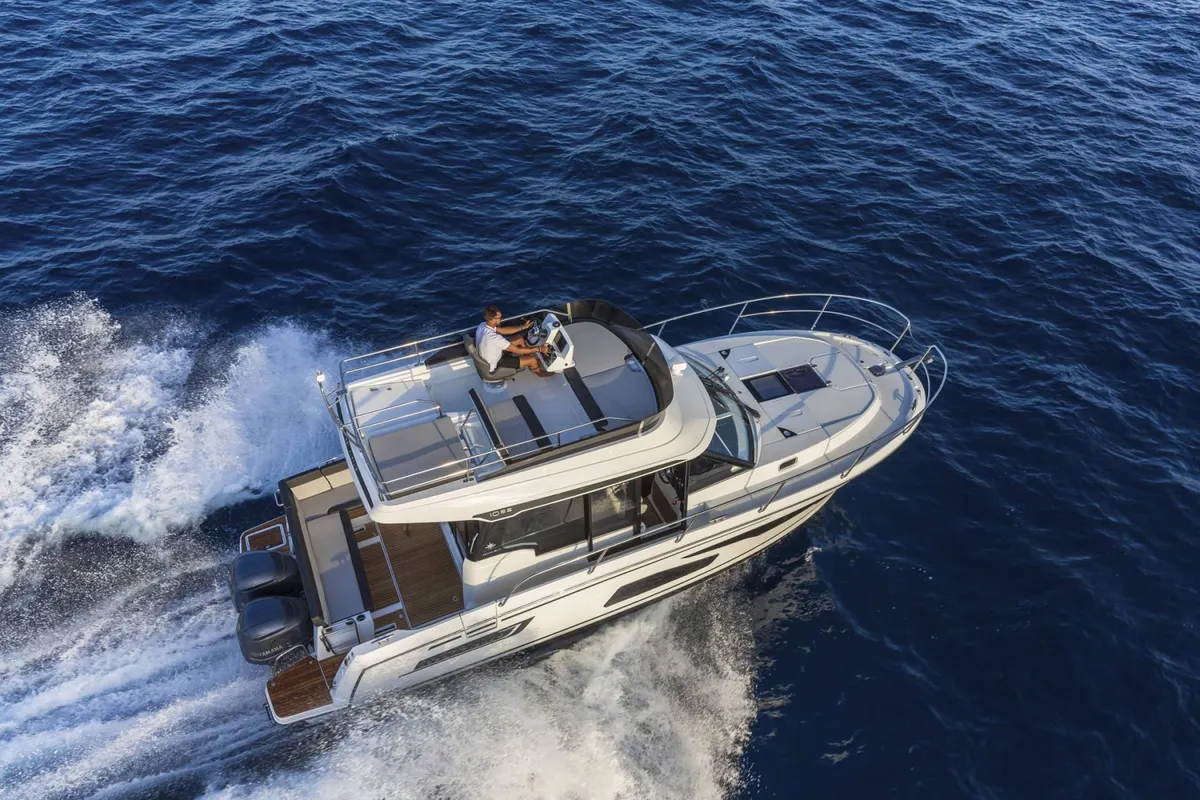 Exterior view of MF 1095, a Jeanneau Merry Fisher 1095 FLY motorboat at Punat, Croatia