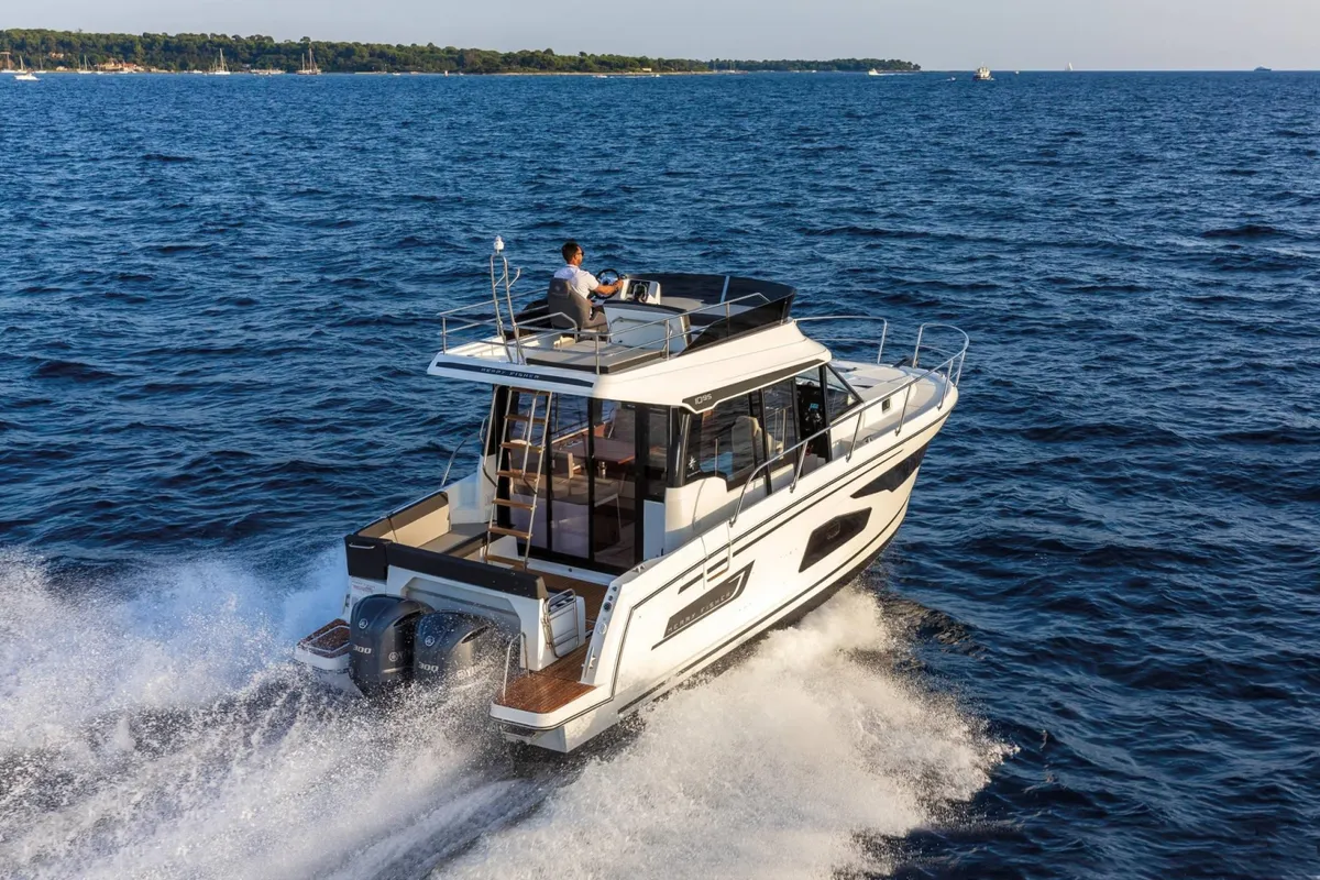 Exterior view of MF 1095, a Jeanneau Merry Fisher 1095 FLY motorboat at Punat, Croatia