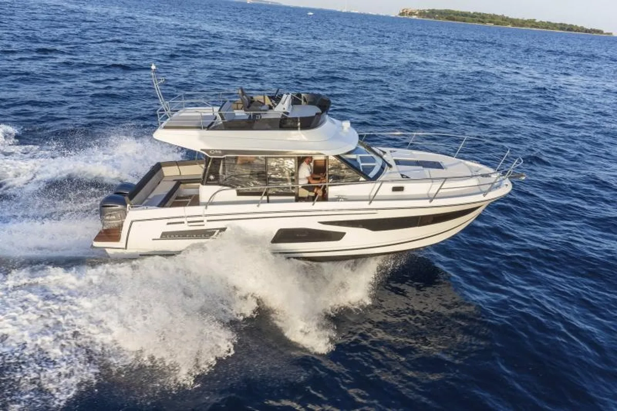 Exterior view of MF 1095, a Jeanneau Merry Fisher 1095 FLY motorboat at Punat, Croatia