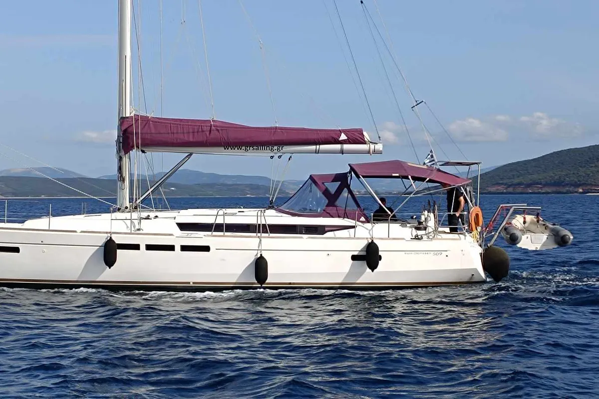 Exterior view of Evelina, a Jeanneau Sun Odyssey 509 sailboat at Kontokali, Greece