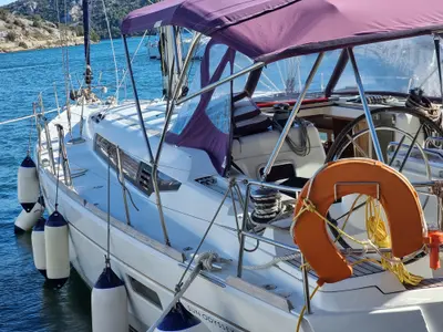 Deck of Evelina, a Jeanneau Sun Odyssey 509 sailboat at Kontokali, Greece