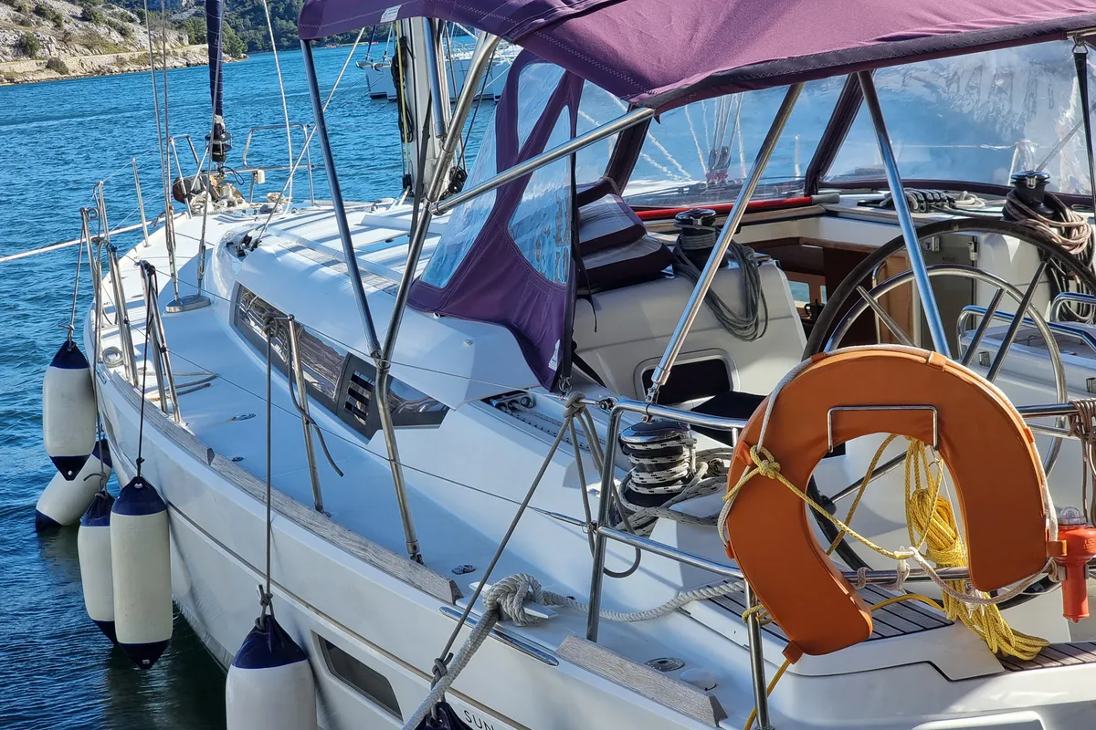 Deck of Evelina, a Jeanneau Sun Odyssey 509 sailboat at Kontokali, Greece