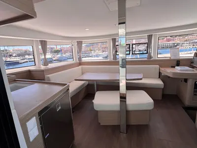 Salon of CELAVIE, a Lagoon 42 catamaran at Ajaccio, France