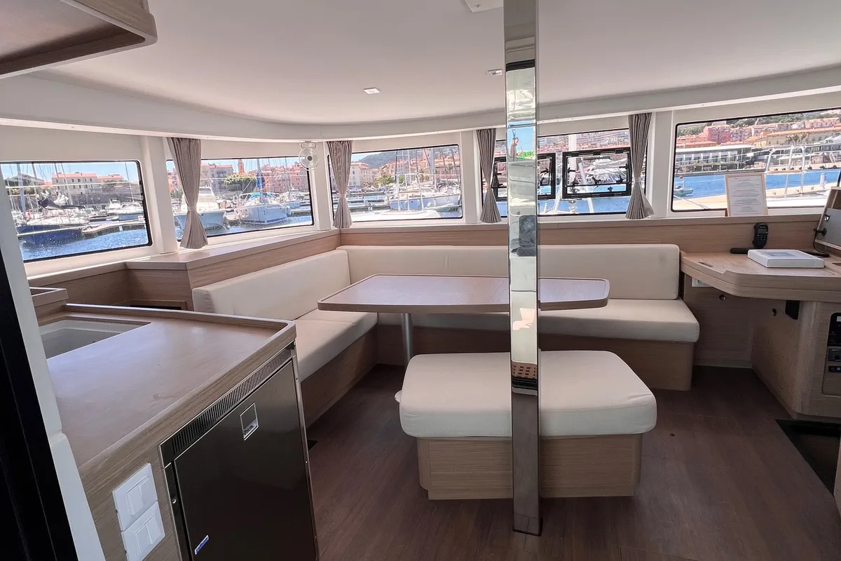 Salon of CELAVIE, a Lagoon 42 catamaran at Ajaccio, France