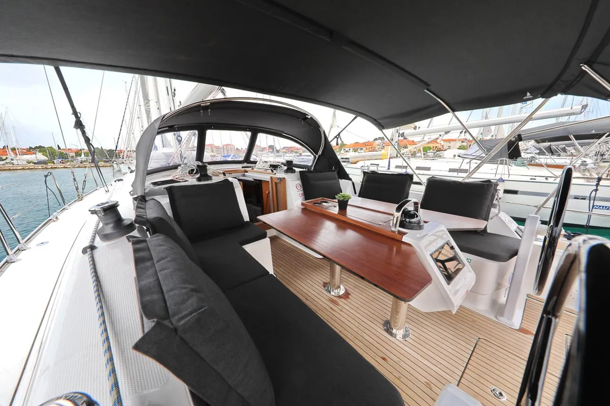 Deck of Enigma, a Bavaria Cruiser 46 sailboat at Grad Biograd na Moru, Croatia