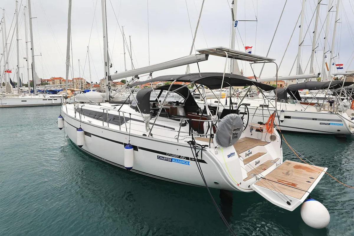 Exterior view of Enigma, a Bavaria Cruiser 46 sailboat at Grad Biograd na Moru, Croatia