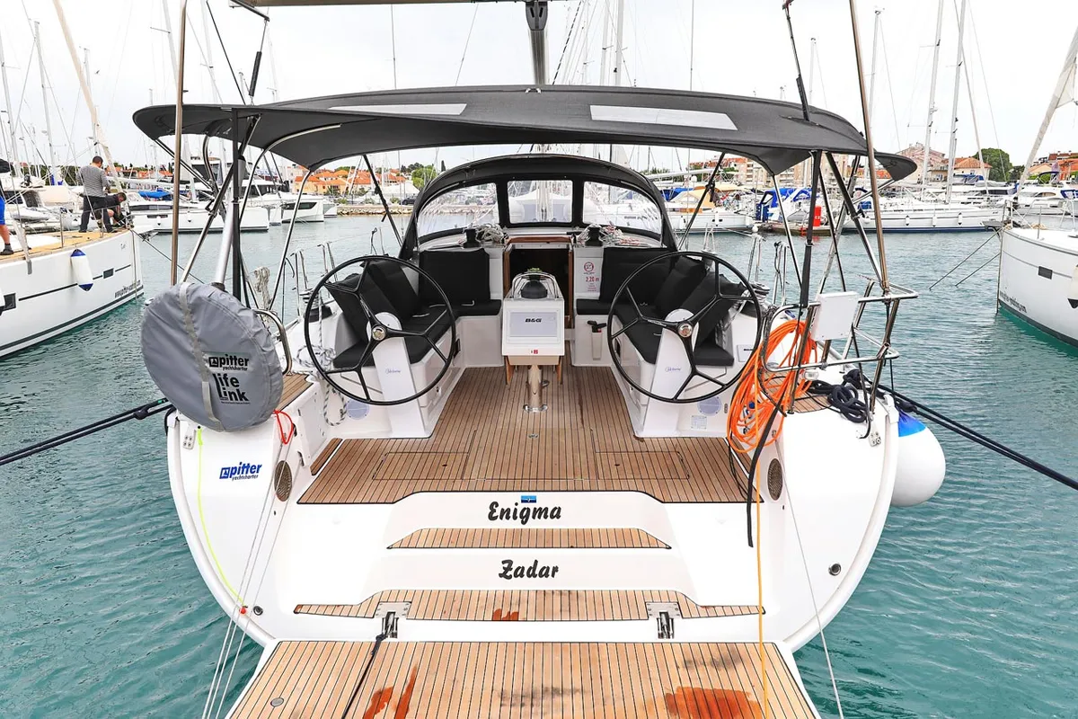 Exterior view of Enigma, a Bavaria Cruiser 46 sailboat at Grad Biograd na Moru, Croatia