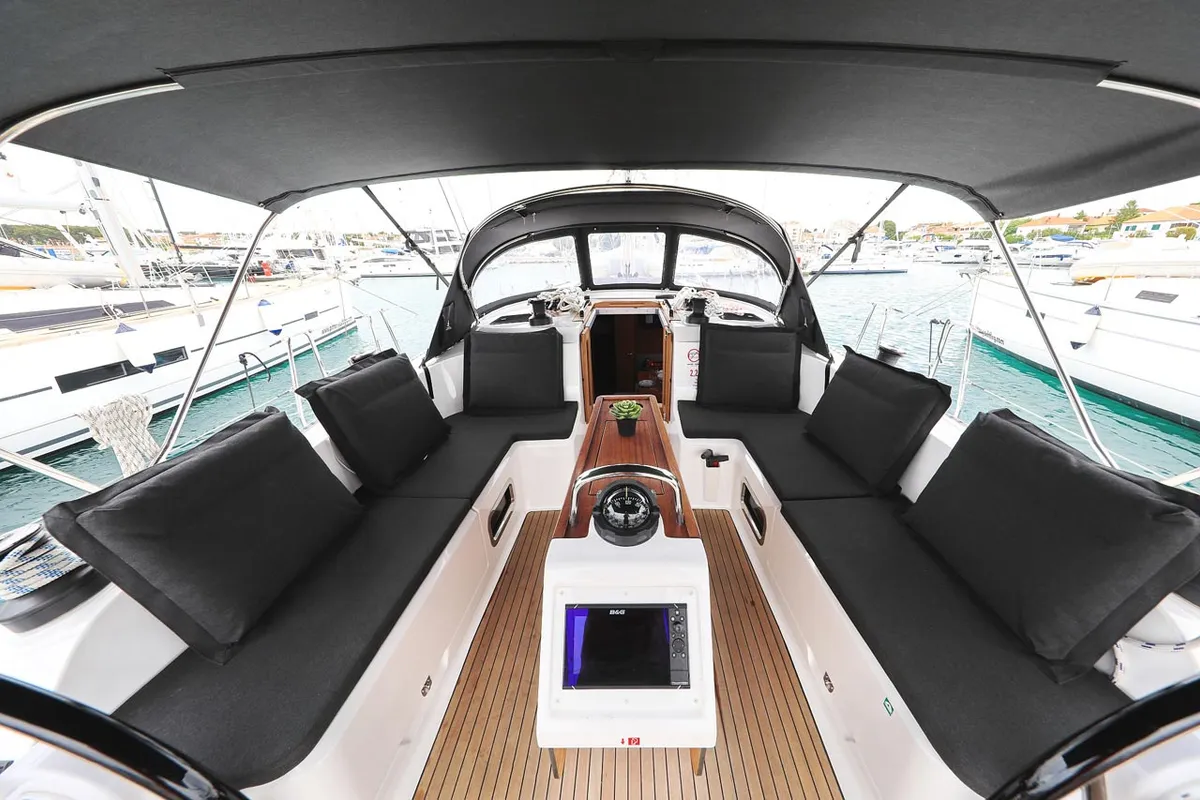 Deck of Enigma, a Bavaria Cruiser 46 sailboat at Grad Biograd na Moru, Croatia